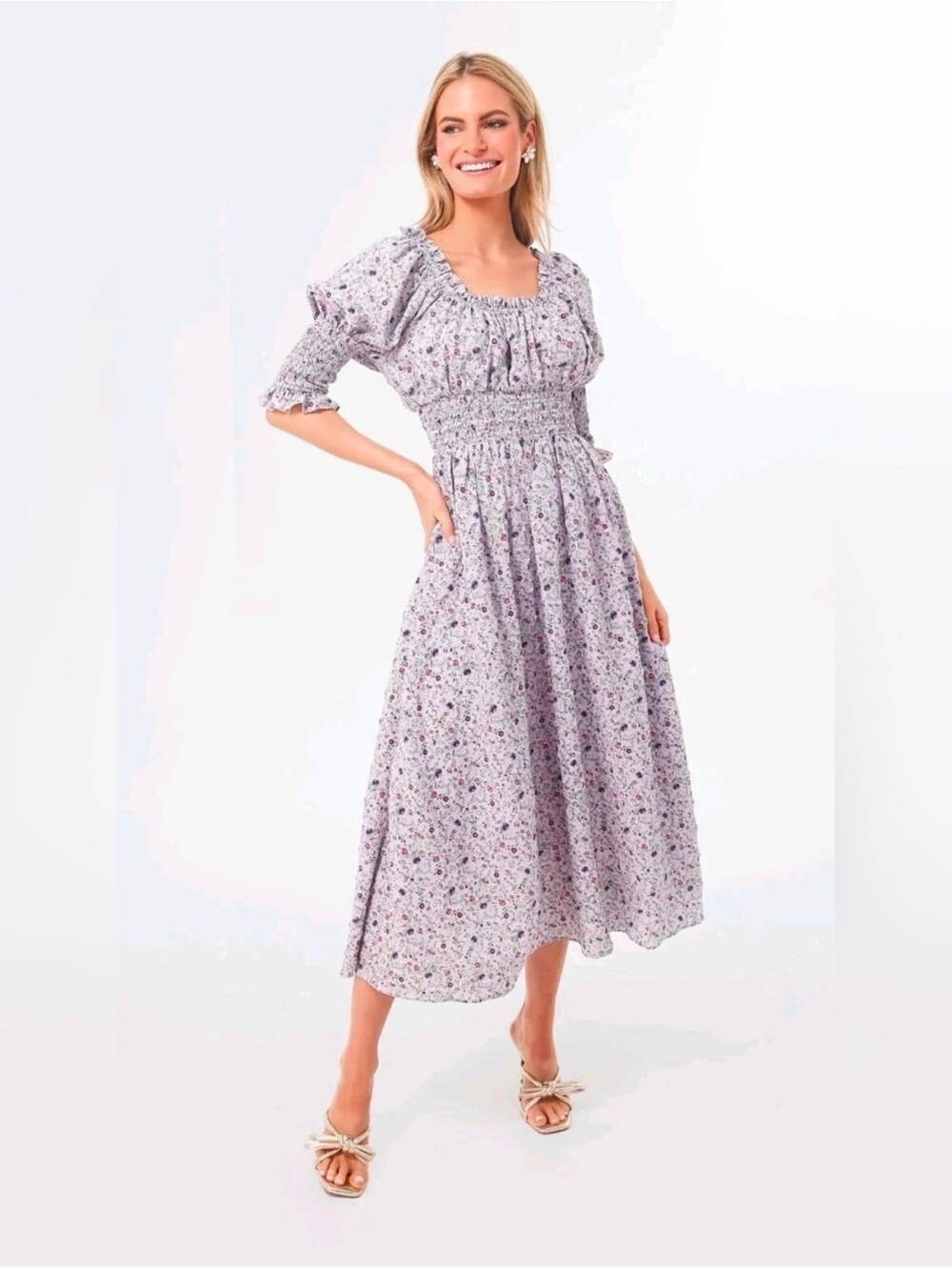 Hyacinth House Tuckernuck Cali Lilac Jacquard Floral Smocked Midi Dress | Small